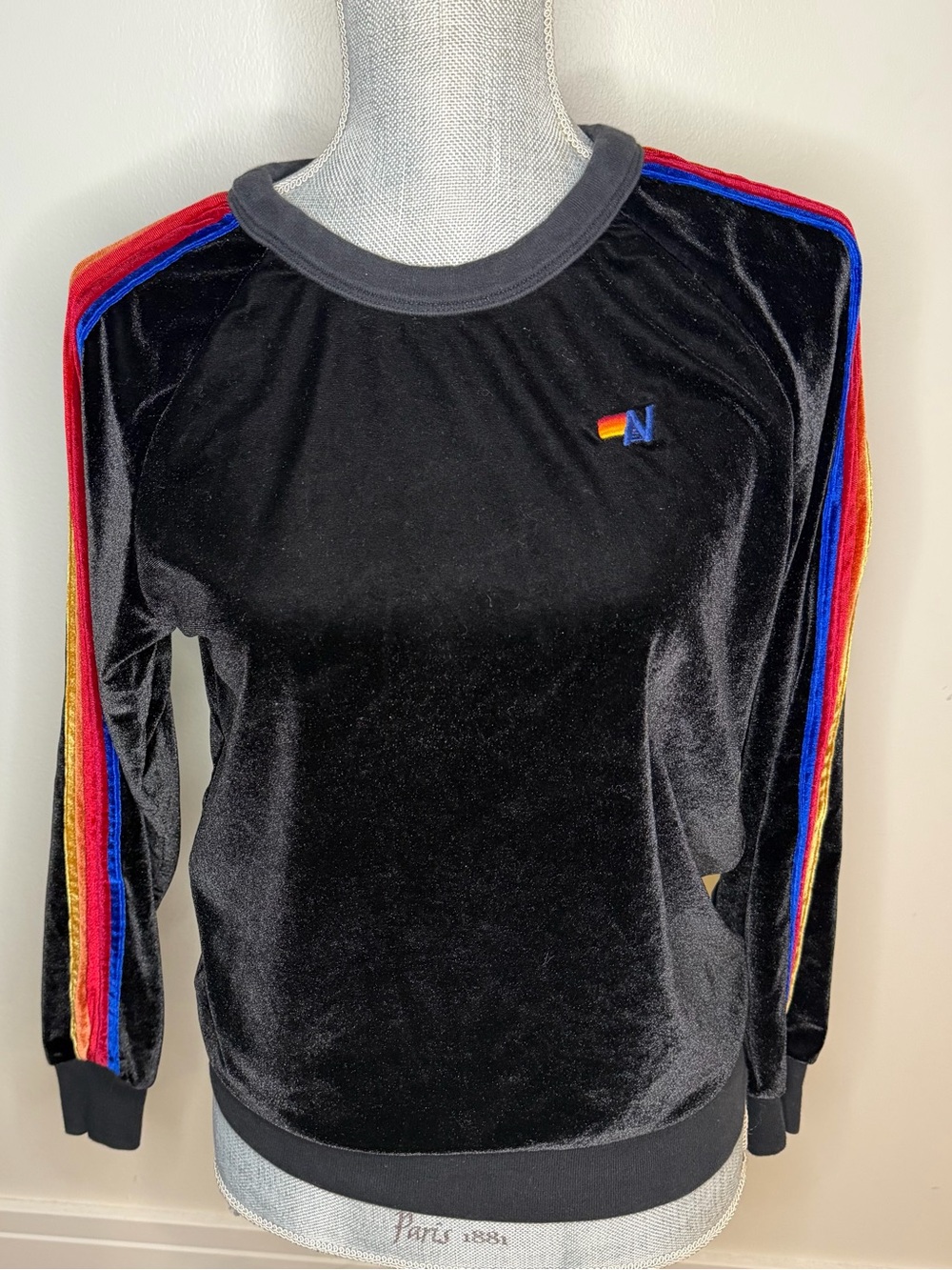 Aviator Nation Black Velvet Sweatshirt with Rainbow Sleeve Stripes, XS